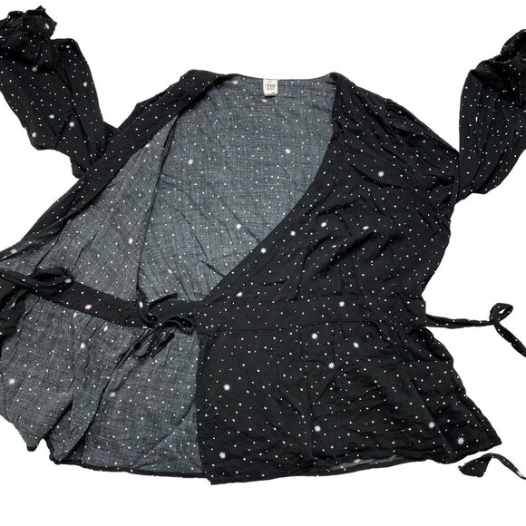 GAP Black Celestial Rayon Long Sleeve Wrap Top Size Medium Womens Stars Dot - Picture 6 of 12